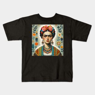 Latina woman frida kahlo looklike folk portrait Kids T-Shirt